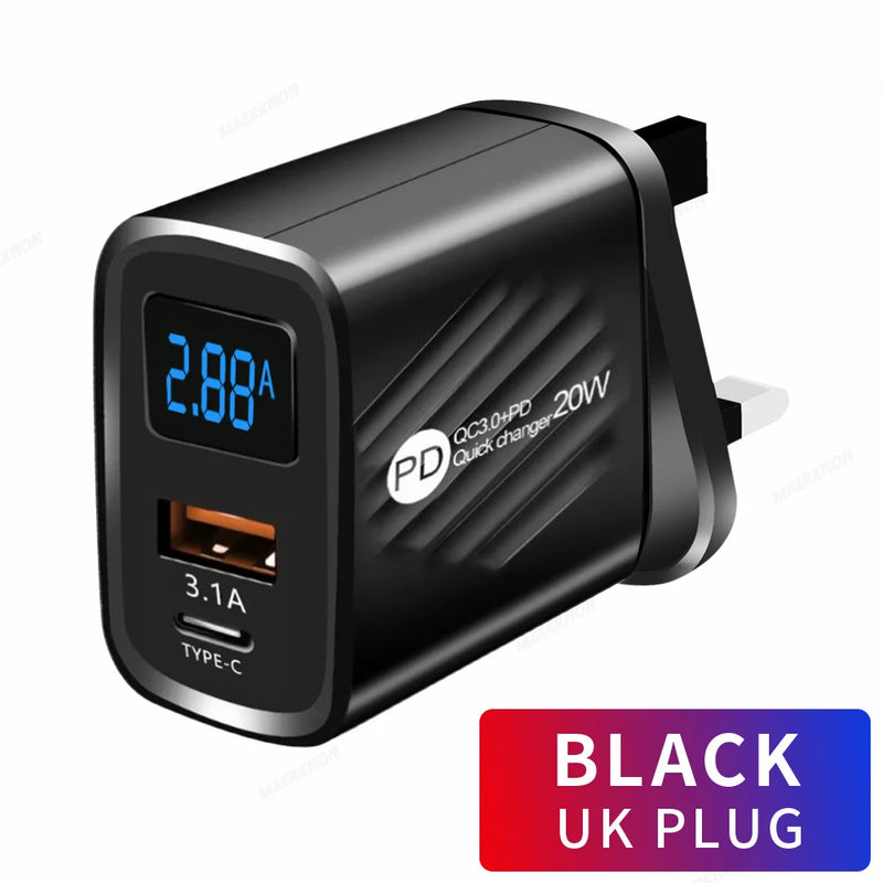 PD 20W USB C Charger Fast Charging Type C Wall Charger For iPhone 14 Samsung Xiaomi Huawei Digital Display Phone Charger Adapter