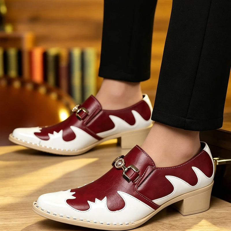 Breathable Comfort Low Heel Men Loafers White Red Patchwork Leather Slip On Business Wedding Casual Dress Shoes