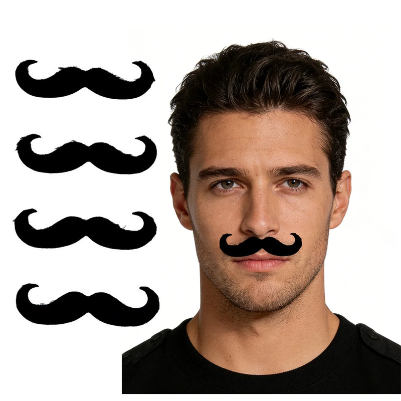 4Pcs Self-Adhesive Fake Mustache Set, Novelty False Handlebar Moustache for Halloween Cosplay, Costume Party, Masquerade, Prank