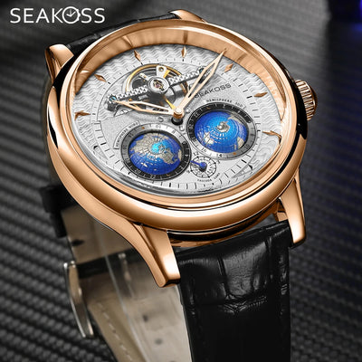 SEAKOSS Luxury Double Earth Rotating Men's Mechanical Watch Automatic Movement Waterproof Clock Pilots 1963 Flywheel | SAMAG