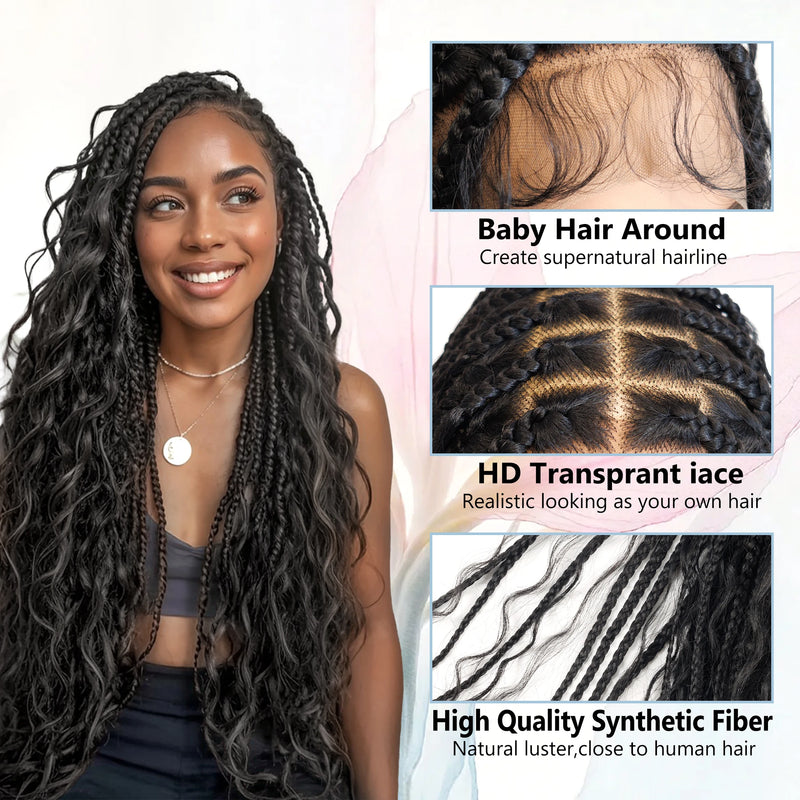 Knotless Boho Braided Wigs Twisted Braid Lace Wig 13x6 HD Front Lace Synethic Braided Wigs for Women