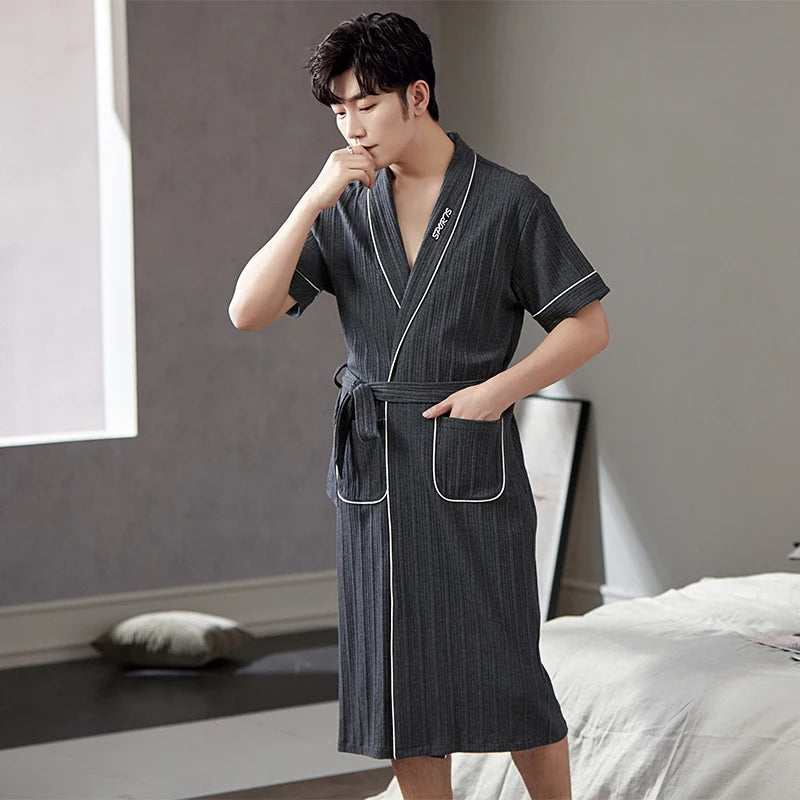 Big Yards L - 4XL Pajamas Mens Soft Cotton Knited Robes Sexy V-Neck Short Sleeve Bathrobe Male Solid Color Nightgown Lounge