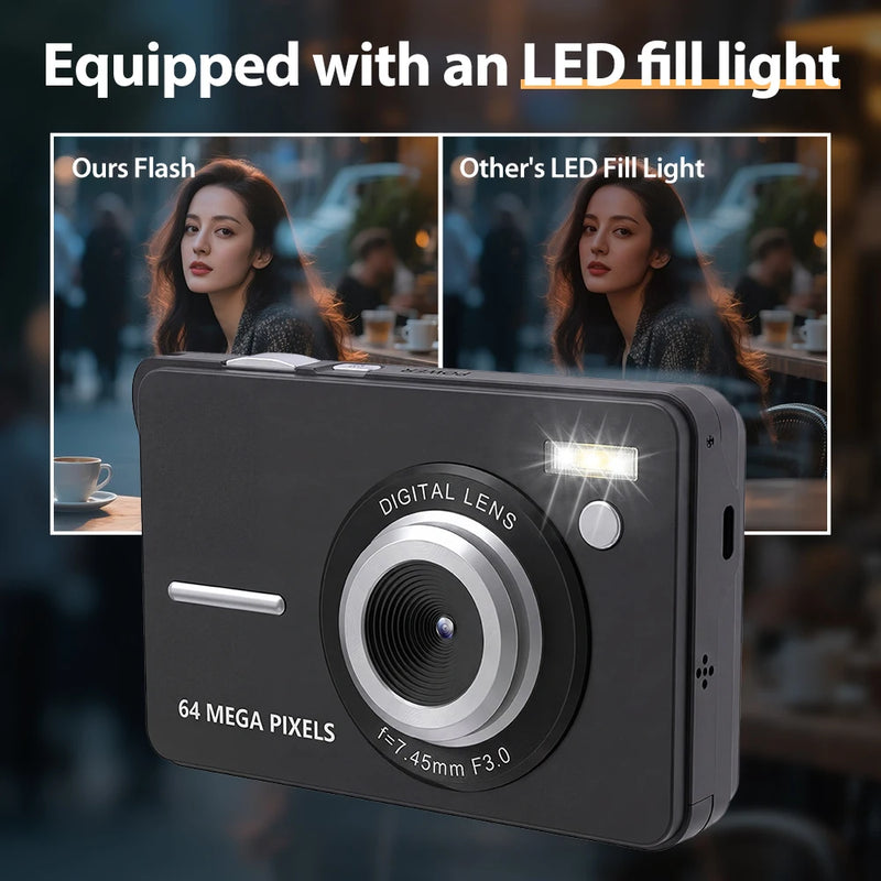 4K 64MP Digital Camera with 18X Digital Zoom, Auto Focus, External Fill Light, 2.8" LCD Screen, Portable Compact Camera for Phot