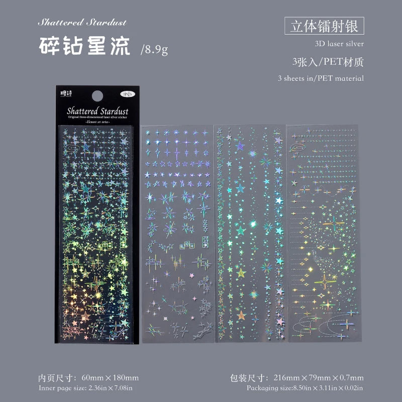 3 Sheets Kawaii PET Laser Silver Sticker Set – DIY Decorative Stickers for Diary Phone Case Scrapbook, Aesthetic Craft Gift for Teens Girls