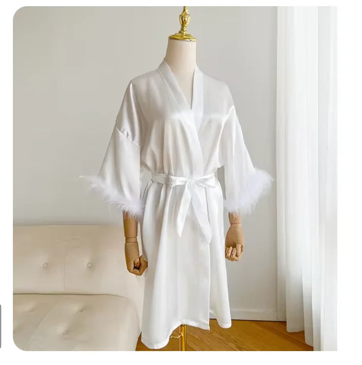 White Bride Wedding Robe with Feathers Women Satin | SAMAG