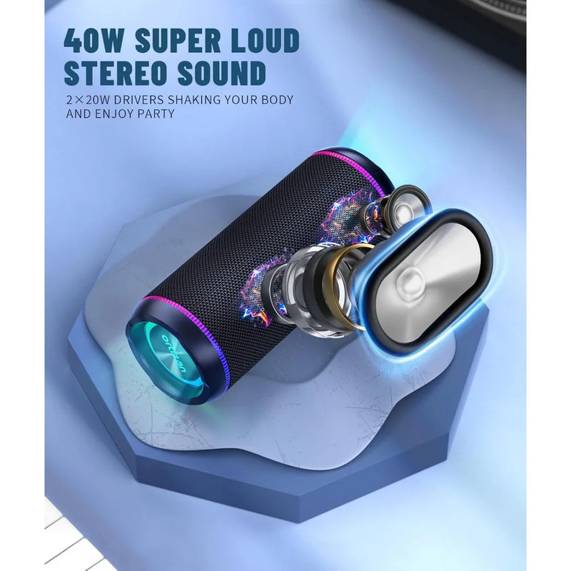 Portable Bluetooth Speaker 3rd Gen - 40W Bass, Waterproof, 30-Hour Playtime, LED Lights, Wireless Stereo Pairing