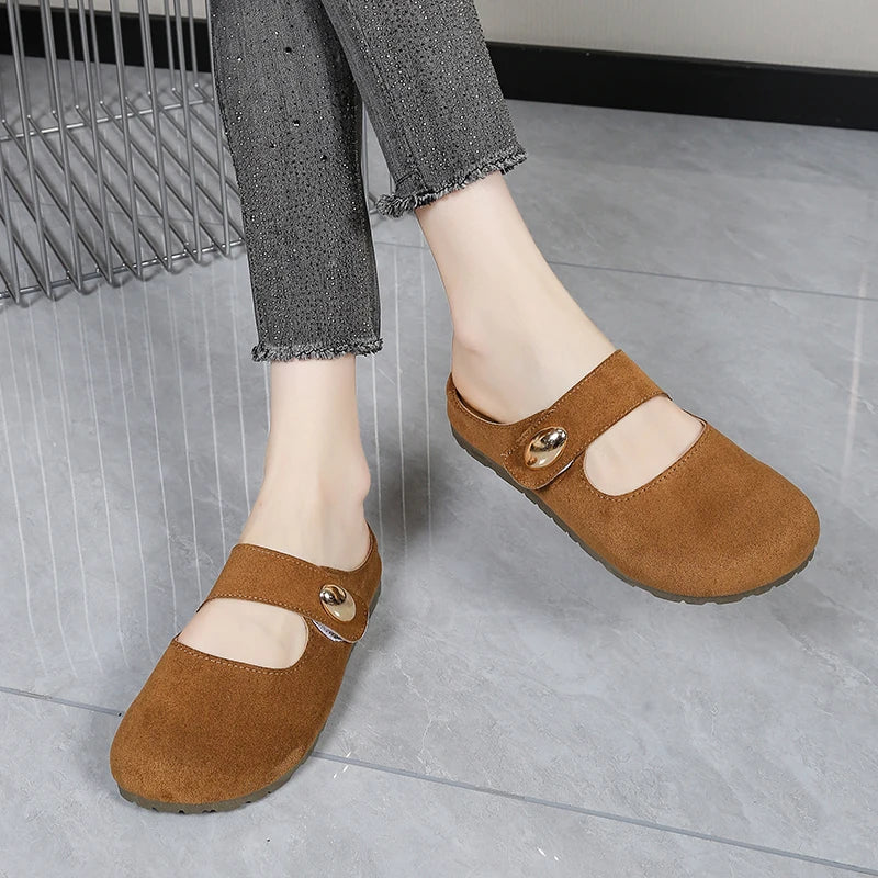 Free Shipping Women's Suede Mary Jane Mules,Casual Backless Flat Clogs,Comfortable Slip-on Slippers,Retro Minimalist Daily Shoes