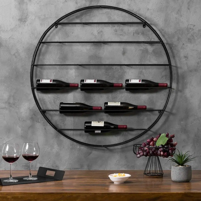 12 - Bottle Modern Black Metal Round Wall Mounted Wine Rack - 6 - Tier Horizontal Storage Shelf for Kitchen - View 2 | SAMAG