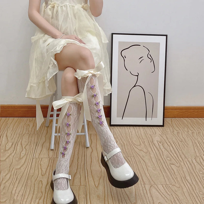 Girls Sweet Stockings Sexy Lace Mesh Fishnet Stockings Knee High Socks Flower Hollow Out Bandage Bow JK Lolita Kawaii Stockings