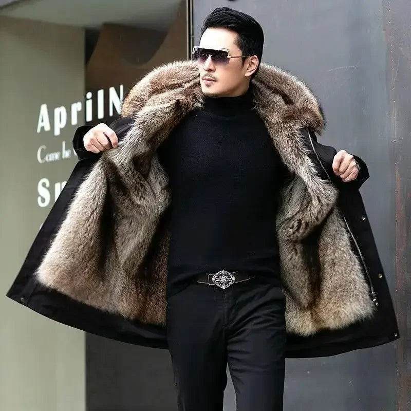 Fur Coat Detachable Hooded Keep Warm Jacket Parka Men Whole Mink Liner Winter New Fur Coat Mink-like Wool Mid-Length Leather