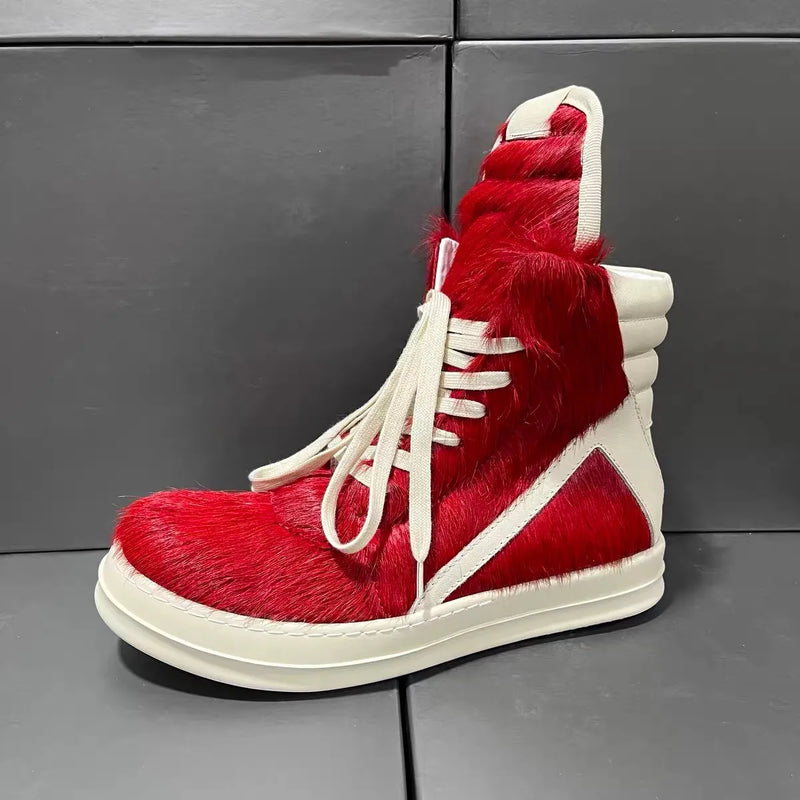 Ro Luxury Men Ankle Boot Black Horsehair Boots Women Sneaker Horse Hair High Top Shoe  Casual Shoes Zipper Sneakers