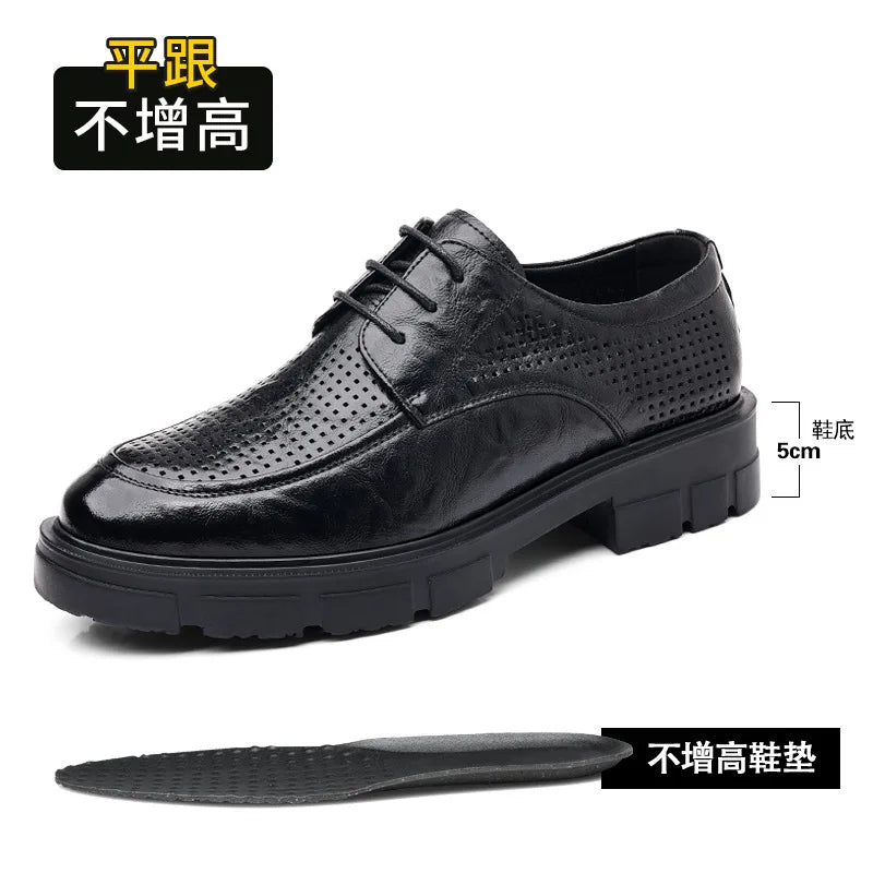 Men's Business High Heeled Leather Shoes Casual Thick Sole 10cm Height Increasing Hand Painted Pattern Trendy Formal Dress Shoes