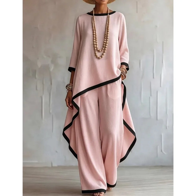 Women's Contrast Patchwork Two Piece Set Autumn O-neck Long Sleeve Irregular Extended Top + Wide Leg Pants Casual Matching Sets