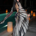 Butterfly Wing Print Jumpsuit Bodycon Skirt Sets Women Sexy Hollow Out Backless Irregular Long Sleeve Slim Jumpsuits Slit Skirts