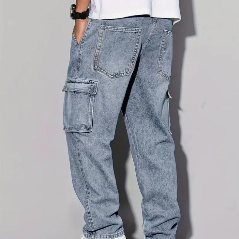 Men's American Retro Casual Cargo Jeans, Loose Fit, Solid | SAMAG