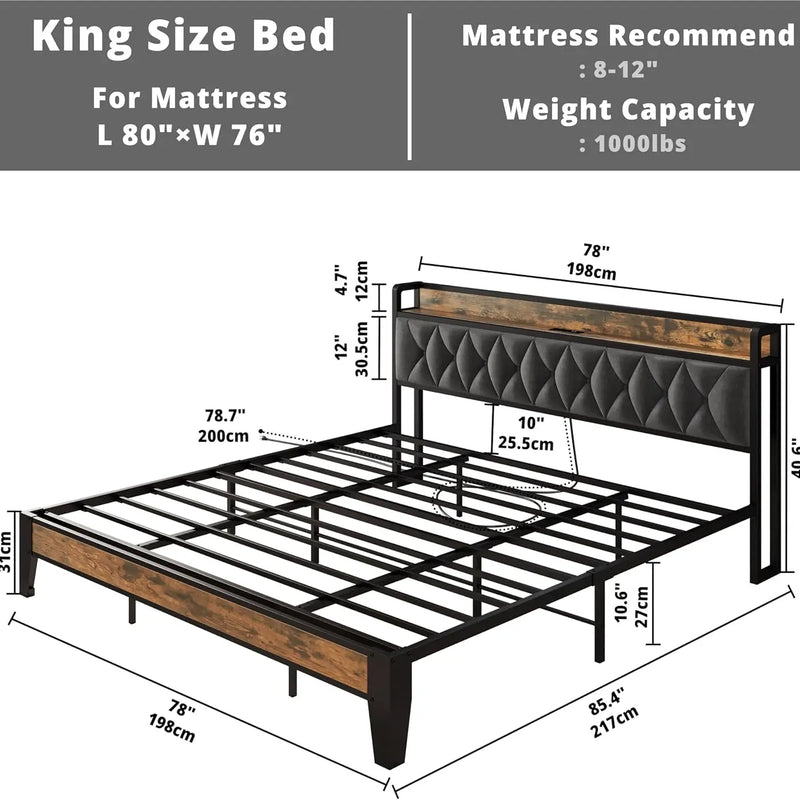 ANCTOR Twin/TwinXL/Full/Queen/King/CaliforniaKing Bed Frames, Storage Headboard with Outlets, No Noise, No Box Springs Needed