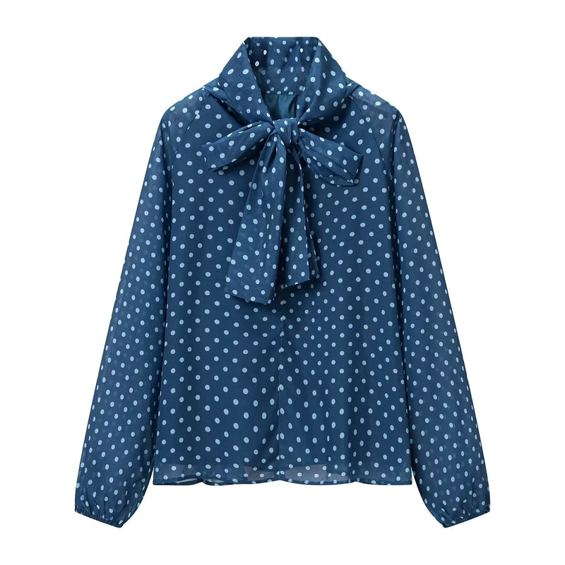 Women Polka Dot Print Blouse Casual High Collar Long - View 8 | SAMAG
