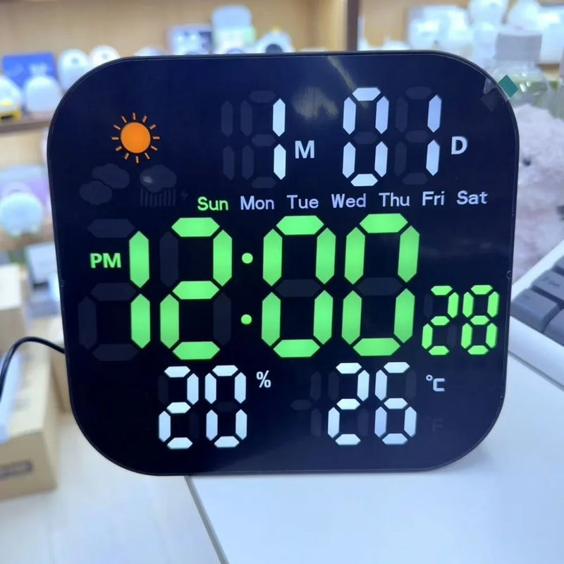 Wall Mountable Electronic Clock with Large Screen Real Time Temperature Humidity Readings Weather Forecast Green White