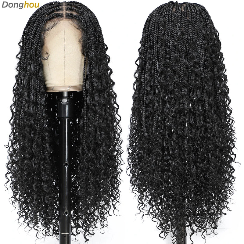 Boho Goddess Box Braid Wig with Baby Hair Lace Front Braided Wigs for Women Brown Hair Synthetic Blended Braids Wig Curly Hair