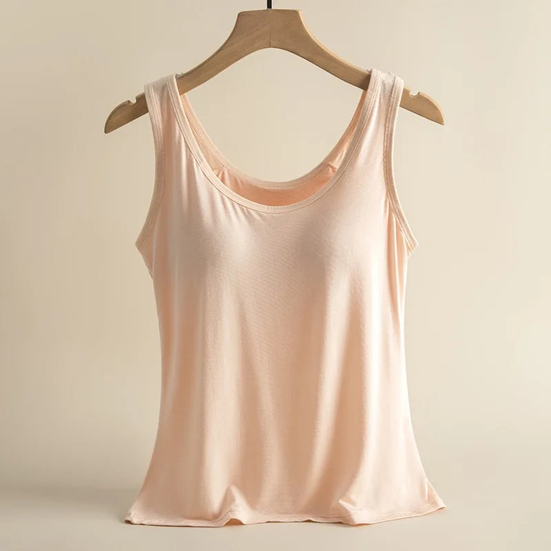 1pcs Women's Vest Tops Round Neck Vests Solid Color Padded Slim Fit Tank Tops Sexy Feminino Casual Tank Tops With Built In Bras