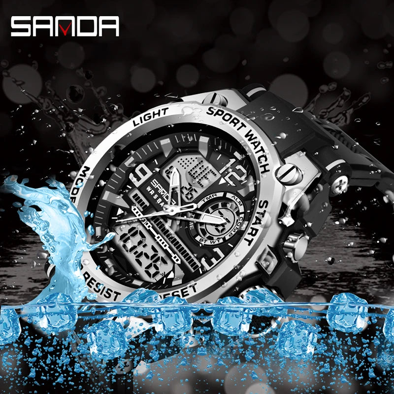 SANDA 6024 Men Sports Quartz Watches Dual Display LED Electronic Digital Wristwatches Waterproof Watch - Visuel 4 | SAMAG