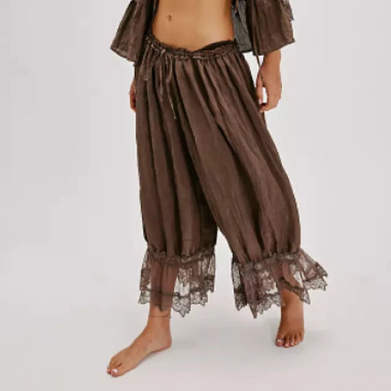 Women's Y2K Loose Fit Bloomers Cropped Pants Drawstring High Waist Floral Lace Patchwork Calf-Length Lantern Trousers