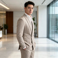 Men's Linen Suit 2-Piece Khaki Shawl Collar Double-Breasted Slim Fit Breathable Jacket and Pants Formal Set for Summer Business