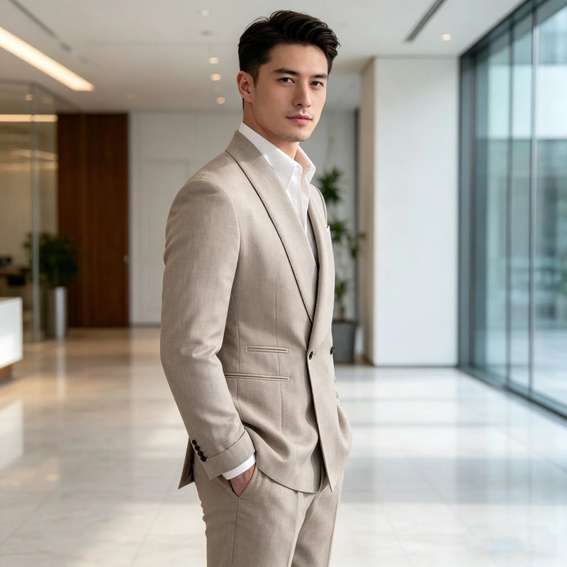 Men's Linen Suit 2-Piece Khaki Shawl Collar Double-Breasted Slim Fit Breathable Jacket and Pants Formal Set for Summer Business