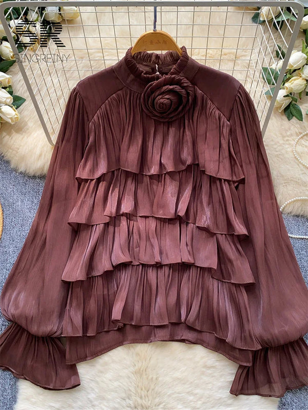 SINGREINY Autumn 3D Floral Chiffon Blouse Ruffle Full - View 5 | SAMAG