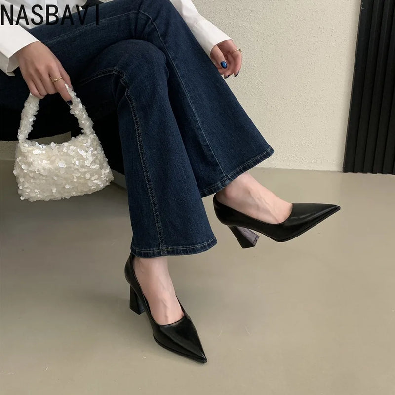 Spring French High Heels Black OL Single Shoes Classic Slip-On Chunky Women's Banquet Prom Dress Party Single Shoes Pumps New