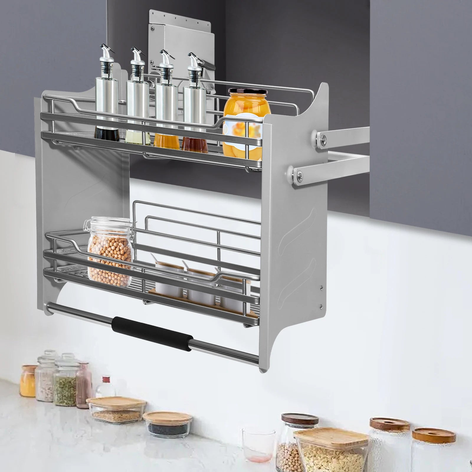 Dark Grey 2-Tier Pull-Down Dish Rack Space-Saving Cabinet Pull-Down Shelf 56.2x28x56cm/22.13x11.02x22.05in Kitchen Storage Organizer