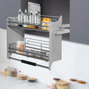 Dark Grey 2-Tier Pull-Down Dish Rack Space-Saving Cabinet Pull-Down Shelf 56.2x28x56cm/22.13x11.02x22.05in Kitchen Storage Organizer
