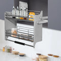 Dark Grey 2-Tier Pull-Down Dish Rack Space-Saving Cabinet Pull-Down Shelf 56.2x28x56cm/22.13x11.02x22.05in Kitchen Storage Organizer
