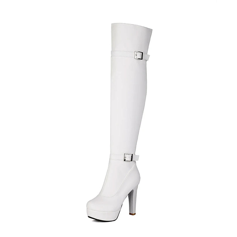 Double Row Metal Belt Buckle Side Zipper Round Toe Platform Ultra-High Thick Heel Over The Knee High Boots New Long Boots
