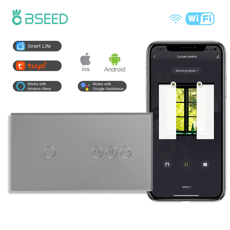 BSEED Curtain Wifi Switch Wireless Smart Switches 1/2Gang 1/2/3Way Touch Light Switch EU Standard Support Google Alexa Tuya App