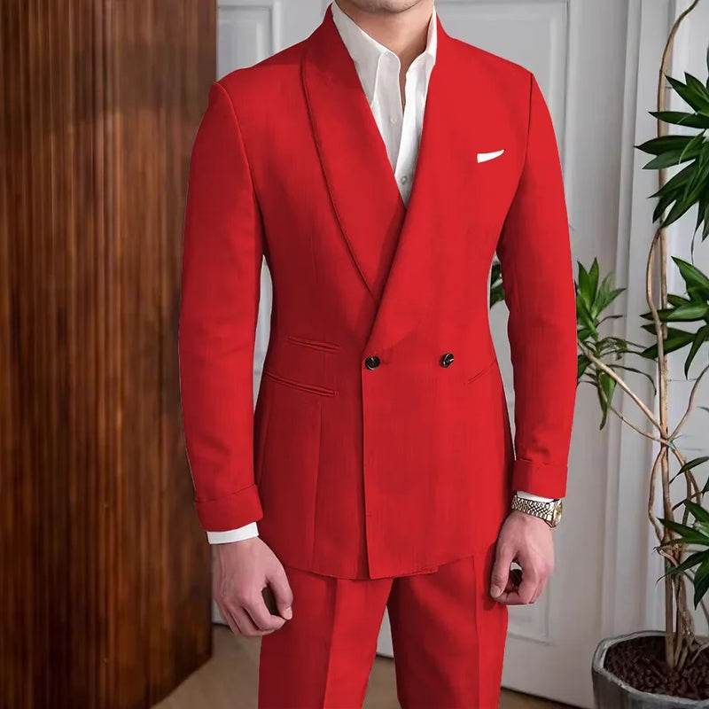 Men's Linen Suit 2-Piece Khaki Shawl Collar Double-Breasted Slim Fit Breathable Jacket and Pants Formal Set for Summer Business