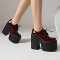 Ultra High Waterproof Platform Shiny Patent Leather Lace Up Women's Pumps Breathable Lining Thick Heels Punk Trendy High Heels