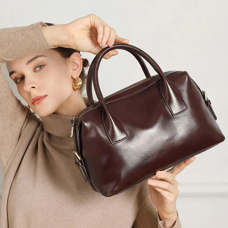 Genuine Leather Women's Bag Vintage Luxury Designer Boston Handbag Women Versatile Shoulder Bag Cowhide Female Crossbody Bags