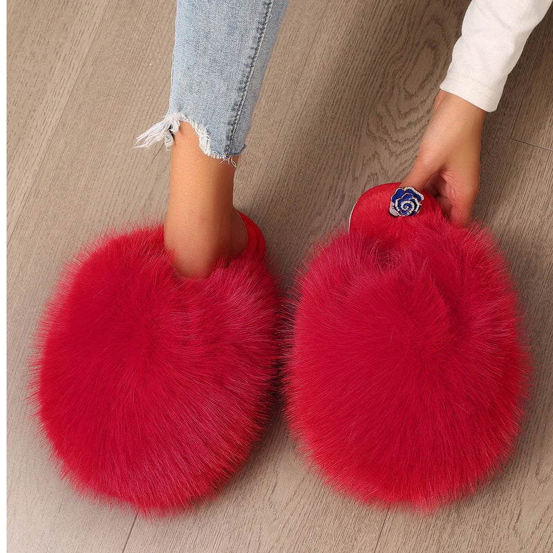 Women Indoor Slippers Winter Faux Fur Home Shoes Women 2025 New Soft Sole Fashion Warm Fluffy Slippers Solid Baotou Slides Women