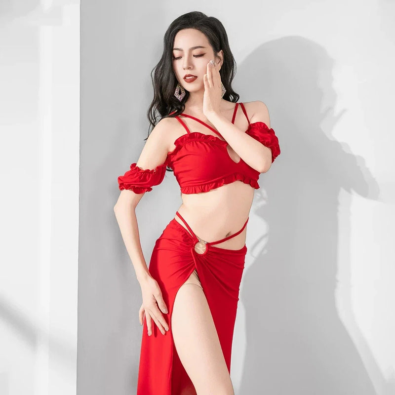 Women Girls Belly Dance Costume Set 2 Piece Half Sleeve Top Long Tassel Skirt Professional Bellydance Training Performance Wear