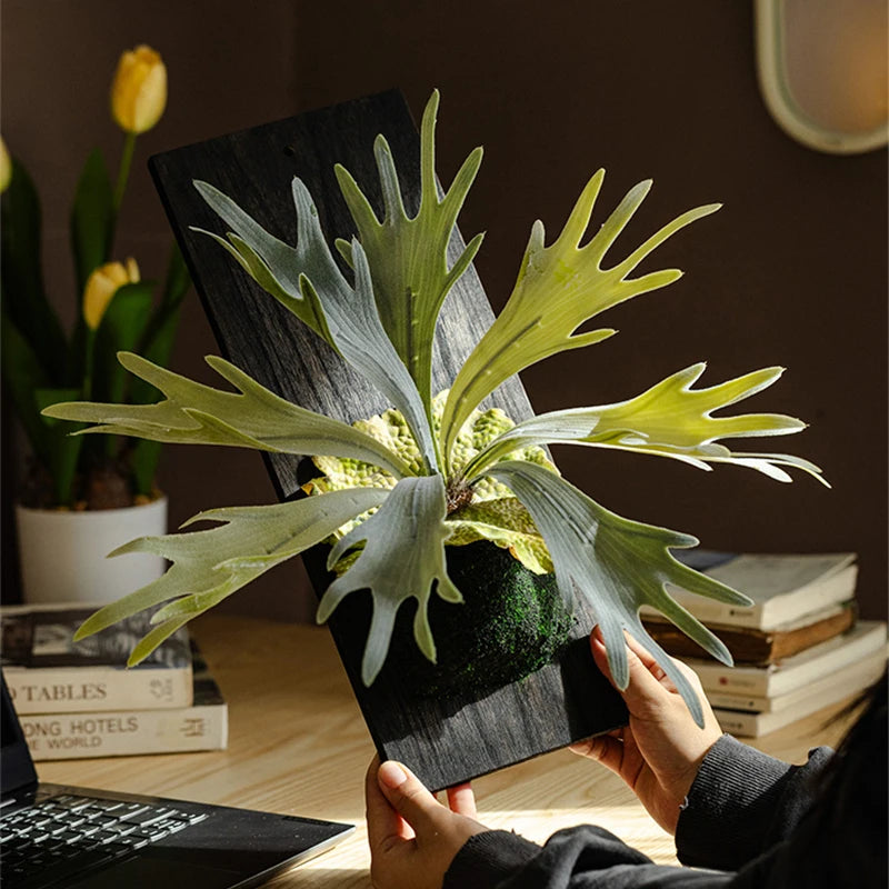 Artificial Tropical Plant Wall Hanging Decoration Antler Fern Green Plant Landscape Display Furnishings Home Decor, Wooden Frame