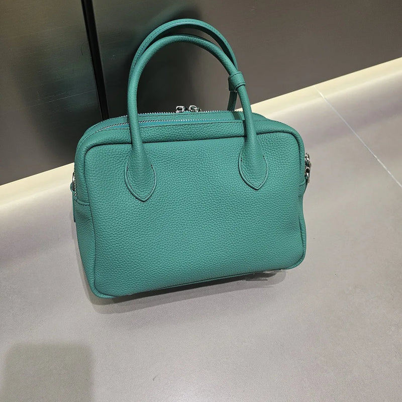 Genuine Leather Women's Boston Bag, New Niche Design Double Zipper Simple Wide Shoulder Strap Fashion Portable Shoulder Bag