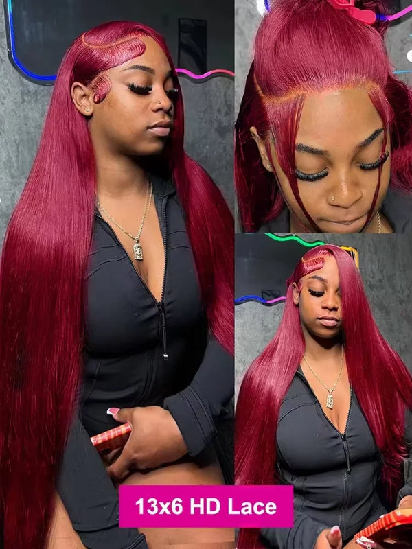 250% Density 32 Inch 99J Burgundy 13x6 HD Lace Front Human Hair Wigs Red Wine Brazilian Straight 13x4 Glueless Lace Frontal Wigs