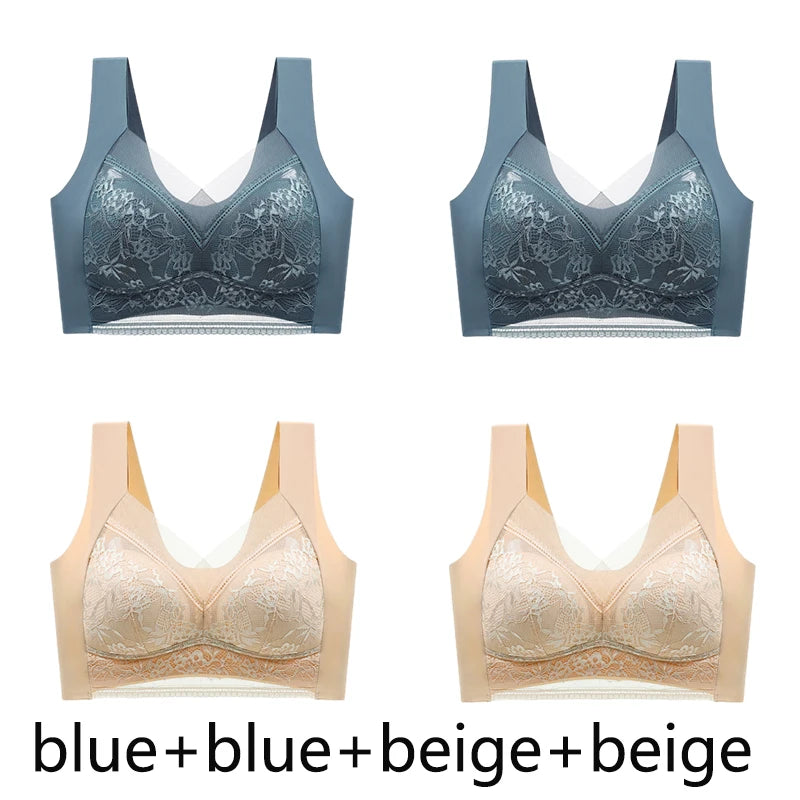 FallSweet 4PCS Plus Size Ice Silk Bra for Women Seamless Push Up Bralette Wireless Lace Brassiere Summer Underwear Lingerie Tops