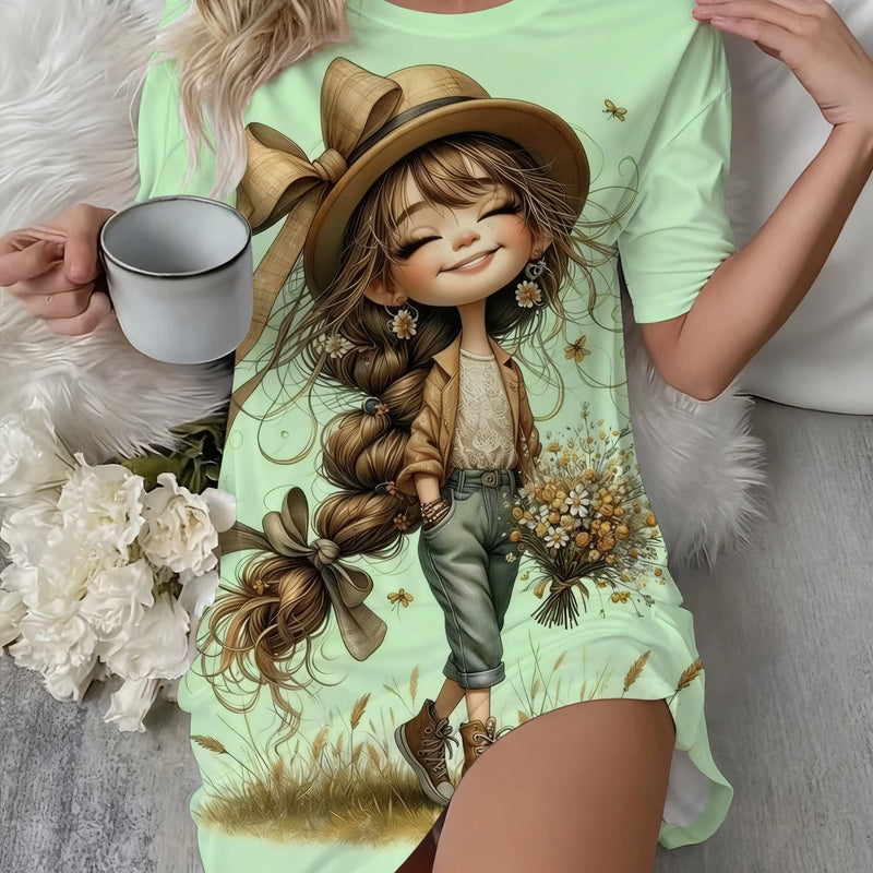 Cute Cartoon Printed Crew Neck Short Sleeve Night Dress | SAMAG