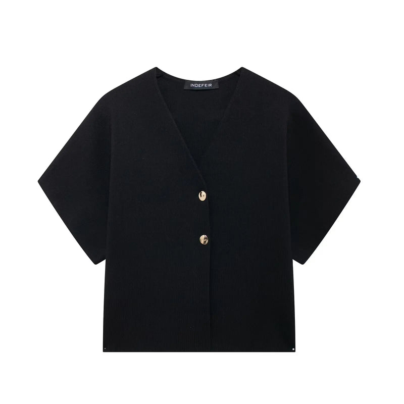 Elegant Solid Knitted Women's Vest V-neck Short Sleeve Buttons Loose Waistcoat Cardigan Summer Autumn Lady Commute Knitwear