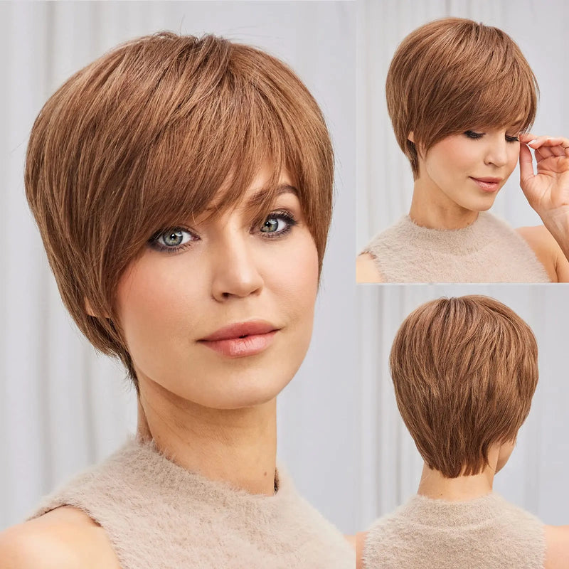 Short Ombre Blonde 100% Human Hair Wigs for Women Afro Remy Wig with Bang Pixie Cut Layered Human Hair Machine Made Women Wigs
