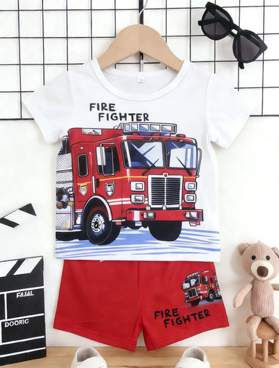 Summer Boys White Red Color Block Fire Truck Print Short | SAMAG