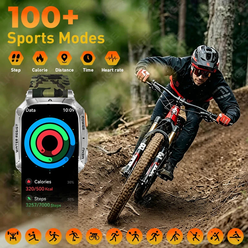 LIGE Militray 1400mAh Large Battery Smart Watch Men 2.01"HD Screen LED Flashlight & SOS Light BT Call Health Monitor Smartwatch