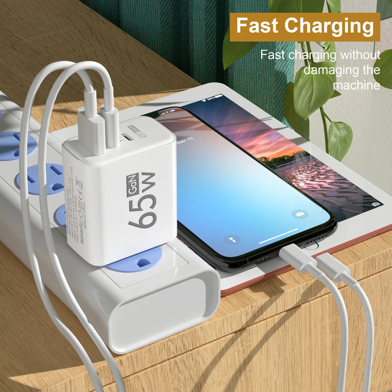 65W USB C GaN Charger 3 Ports Fast Charging Adapter 10A USB To Type C Data Cable PD USB QC3.0 Chargers for iPhone Samsung Xiaomi